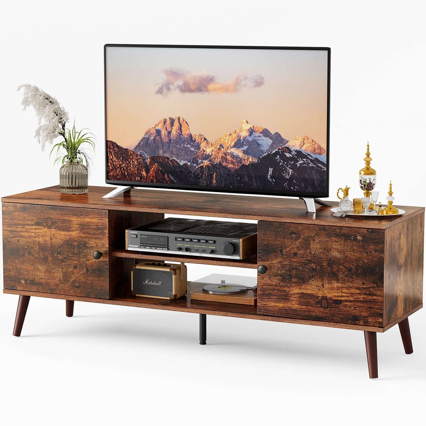 Can accommodate 60 "TV, living room/bedroom TV media console, adjustable shelves, 2 storage cabinets, brown - Free Shipping - Aurelia Clothing