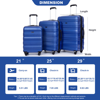 3 Piece Luggage Sets PC Lightweight & Durable Expandable Suitcase with Two Hooks, Spinner Wheels, TSA Lock, (21/25/29) Dark Blue - Free Shipping - Aurelia Clothing