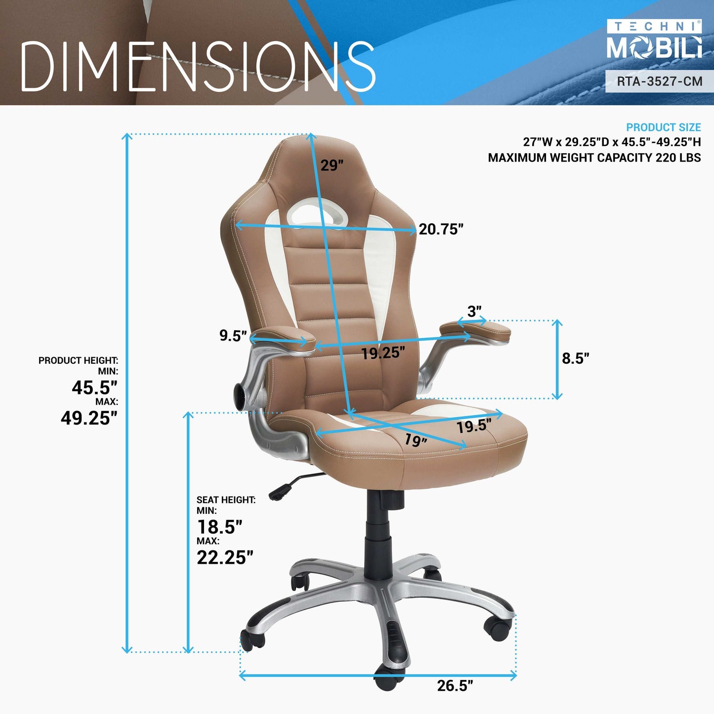 Techni Mobili High Back Executive Sport Race Office Chair with Flip-Up Arms, Camel - Free Sipping - Aurelia Clothing