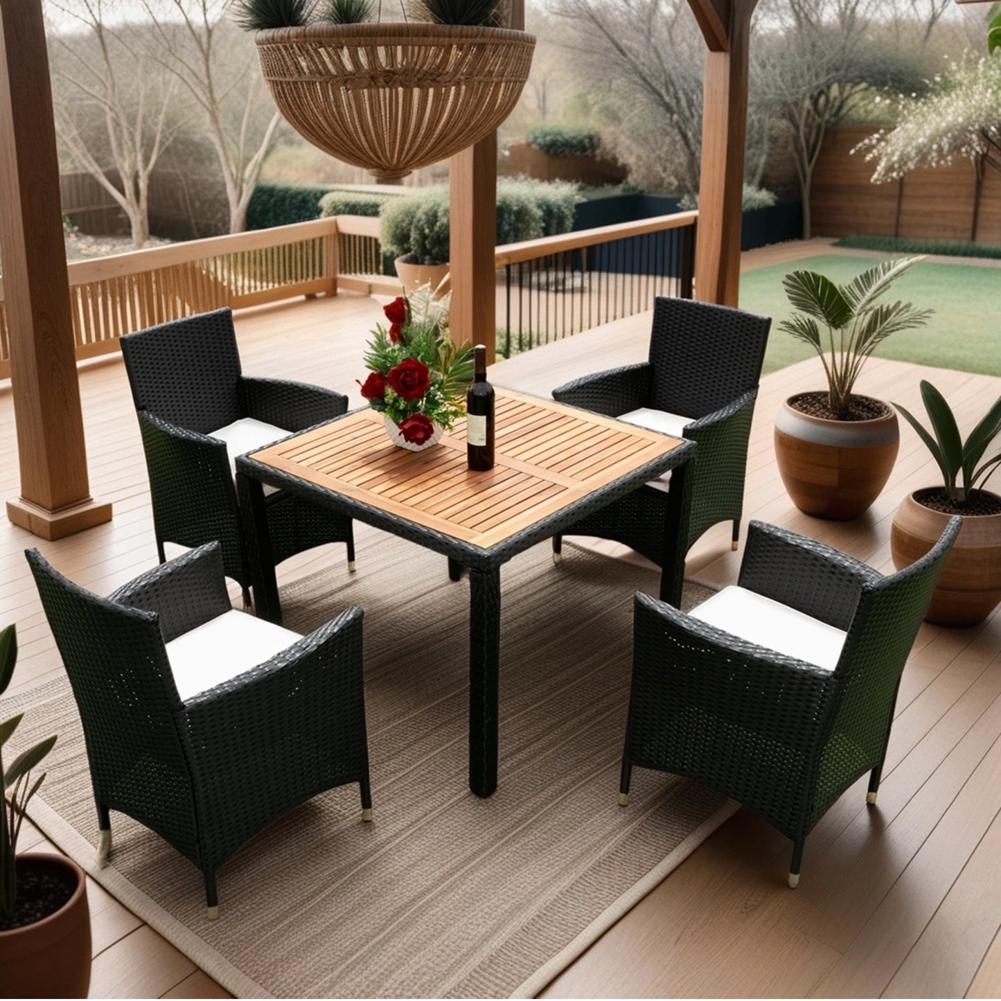 EELIFEE 5 piece Outdoor Patio Wicker Dining Set Patio Wicker Furniture Dining Set w/Acacia Wood Top Black Wicker + Creme Cushion - Free Shipping - Aurelia Clothing