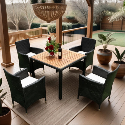 EELIFEE 5 piece Outdoor Patio Wicker Dining Set Patio Wicker Furniture Dining Set w/Acacia Wood Top Black Wicker + Creme Cushion - Free Shipping - Aurelia Clothing