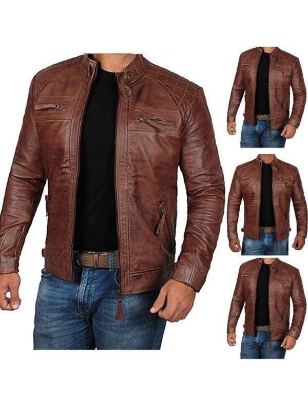 Men's Leather Jacket Stand Collar Punk Motorcycle Leather Slim Fit Jacket - Free Shipping - Aurelia Clothing