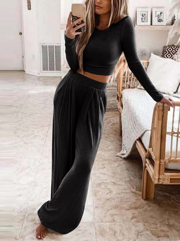 Women's Solid Color Knitted Casual Home Two-Piece Suit - Free Shipping - Aurelia Clothing