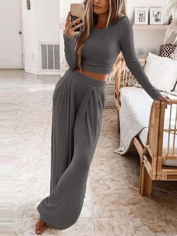 Women's Solid Color Knitted Casual Home Two-Piece Suit - Free Shipping - Aurelia Clothing