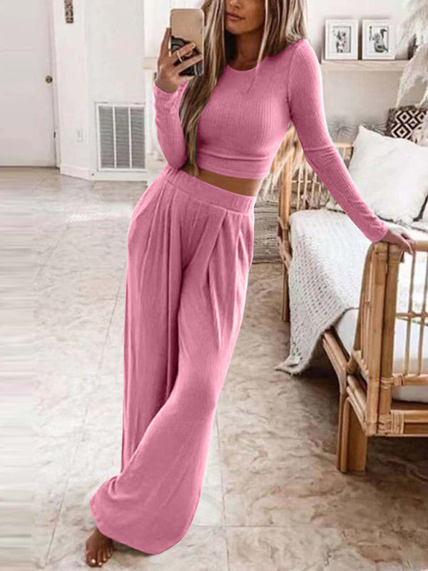 Women's Solid Color Knitted Casual Home Two-Piece Suit - Free Shipping - Aurelia Clothing