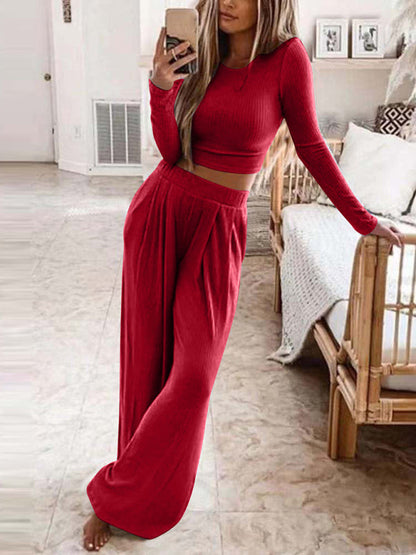 Women's Solid Color Knitted Casual Home Two-Piece Suit - Free Shipping - Aurelia Clothing