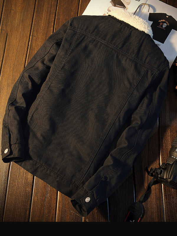 Men's warm sherpa button lapel denim jacket- Free Shipping - Aurelia Clothing