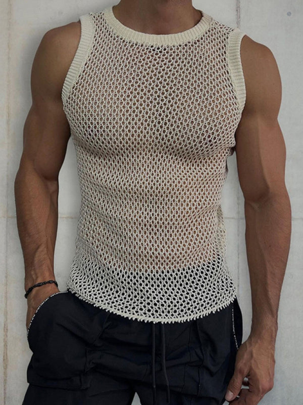 Men's Solid Color Round Neck Sleeveless Hollow Knitted Vest - Free Shipping - Aurelia Clothing