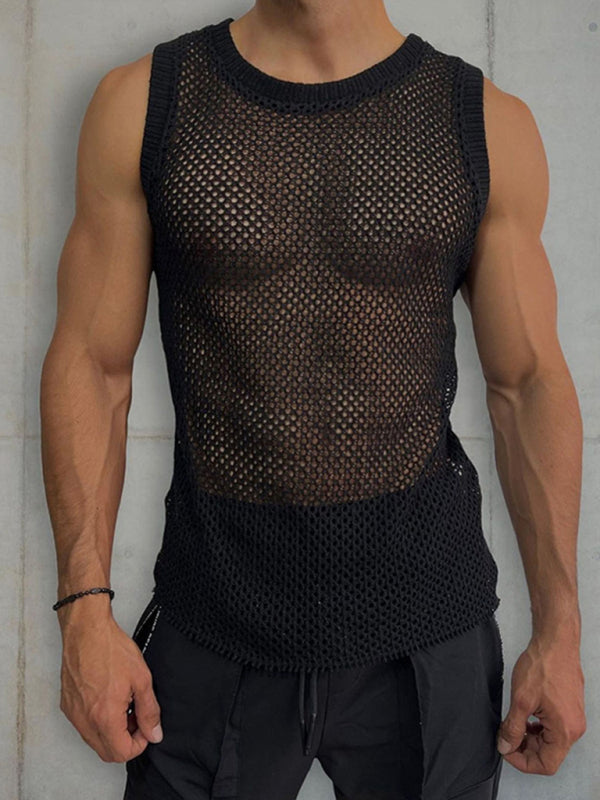 Men's Solid Color Round Neck Sleeveless Hollow Knitted Vest - Free Shipping - Aurelia Clothing