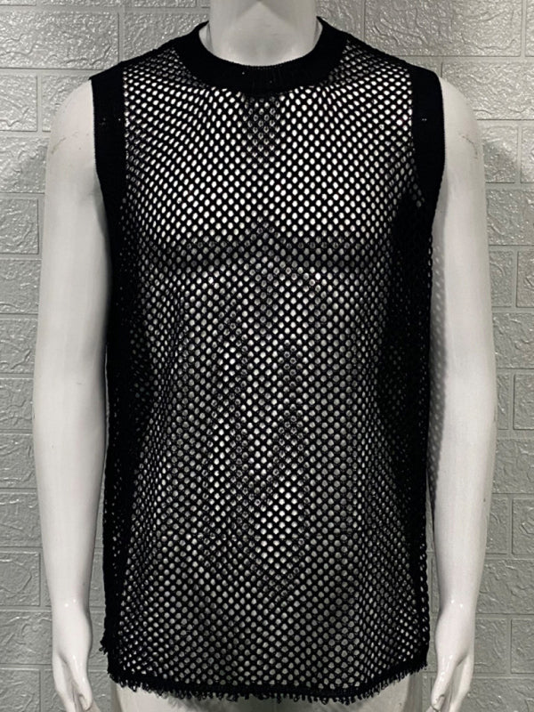 Men's Solid Color Round Neck Sleeveless Hollow Knitted Vest - Free Shipping - Aurelia Clothing