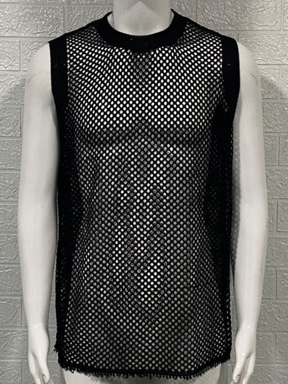 Men's Solid Color Round Neck Sleeveless Hollow Knitted Vest - Free Shipping - Aurelia Clothing