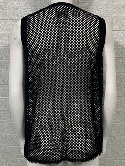 Men's Solid Color Round Neck Sleeveless Hollow Knitted Vest - Free Shipping - Aurelia Clothing