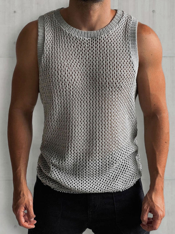 Men's Solid Color Round Neck Sleeveless Hollow Knitted Vest - Free Shipping - Aurelia Clothing