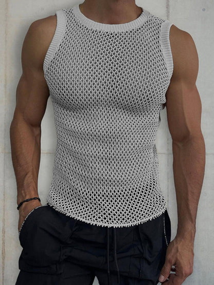 Men's Solid Color Round Neck Sleeveless Hollow Knitted Vest - Free Shipping - Aurelia Clothing