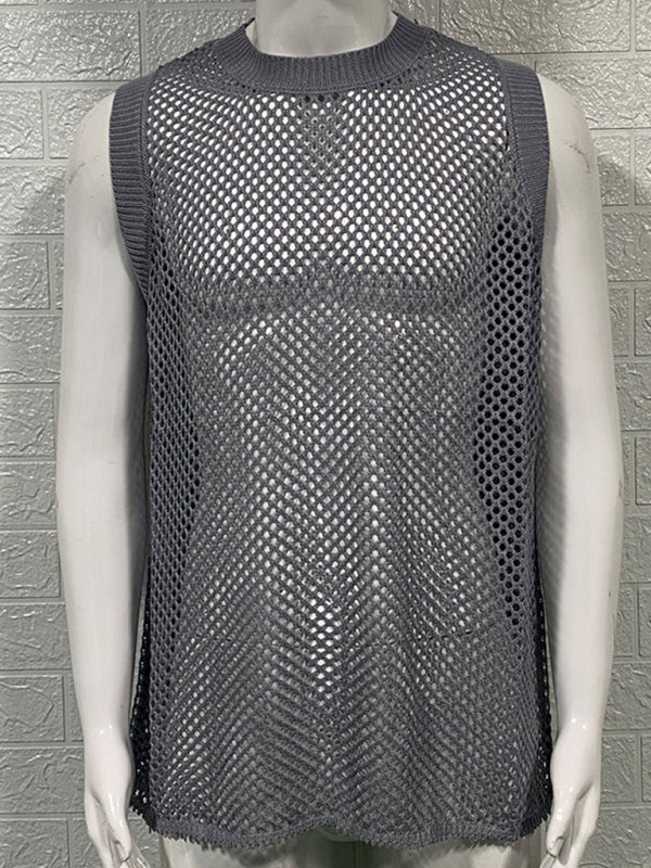 Men's Solid Color Round Neck Sleeveless Hollow Knitted Vest - Free Shipping - Aurelia Clothing