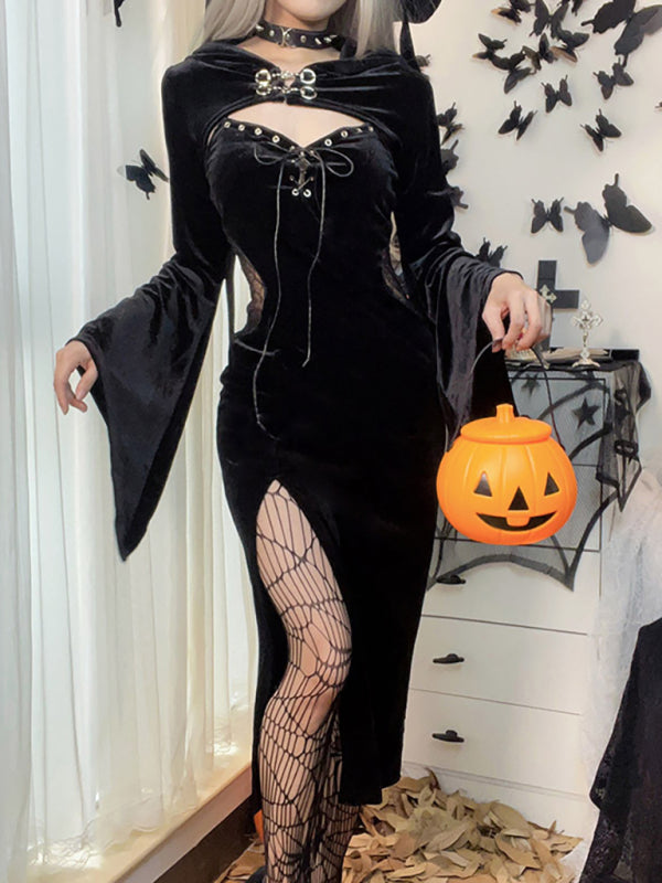 Halloween New Hooded Flare Sleeve Spider Web Dress - Free Shpping - Aurelia Clothing