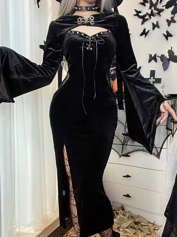 Halloween New Hooded Flare Sleeve Spider Web Dress - Free Shpping - Aurelia Clothing