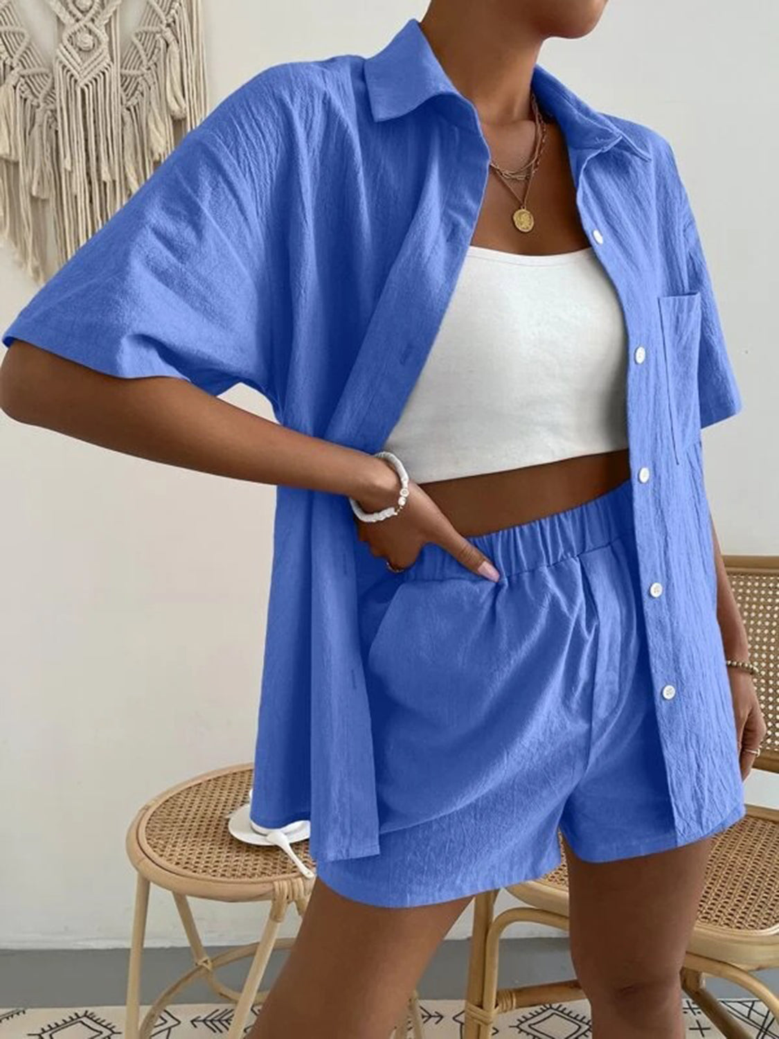 Button Up Short Sleeve Shirt and Shorts Set - Aurelia Clothing