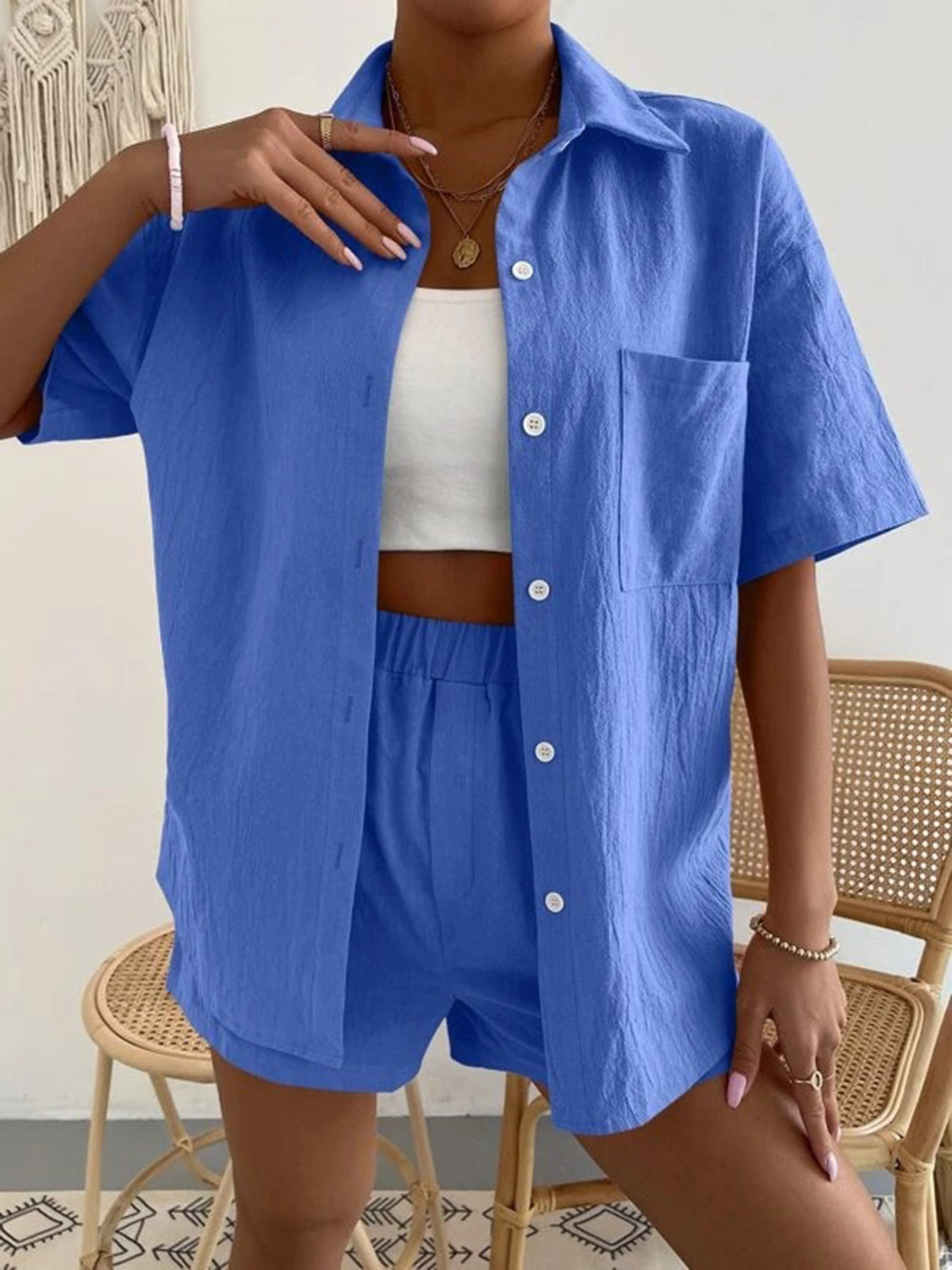 Button Up Short Sleeve Shirt and Shorts Set - Aurelia Clothing