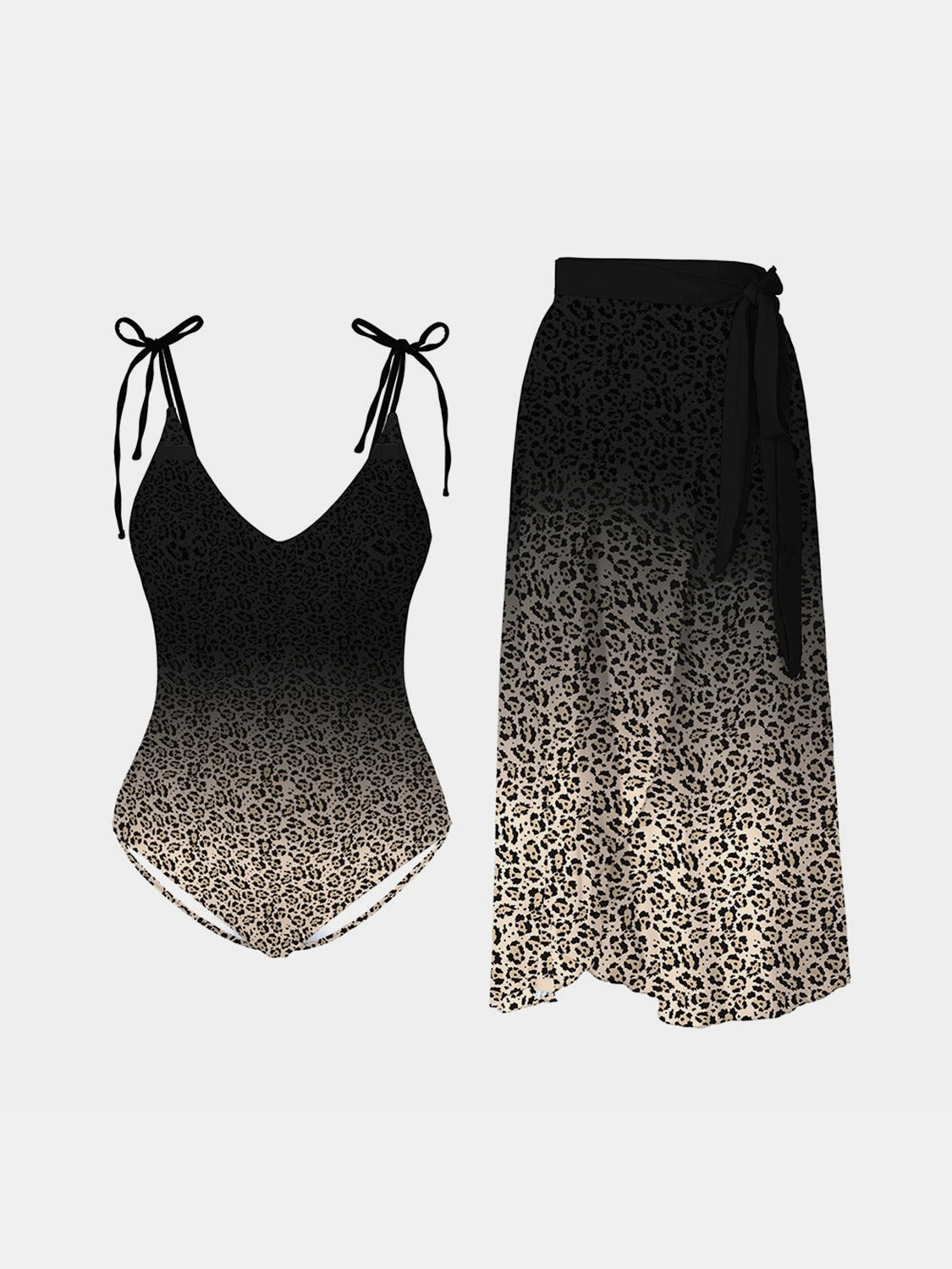 Leopard Tie Shoulder Swimwear and Skirt Swim Set - Aurelia Clothing