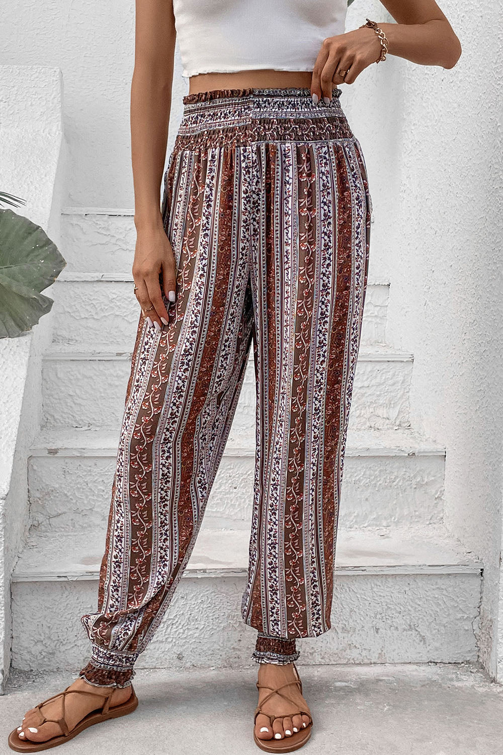 Smocked Printed High Waist Pants - Aurelia Clothing