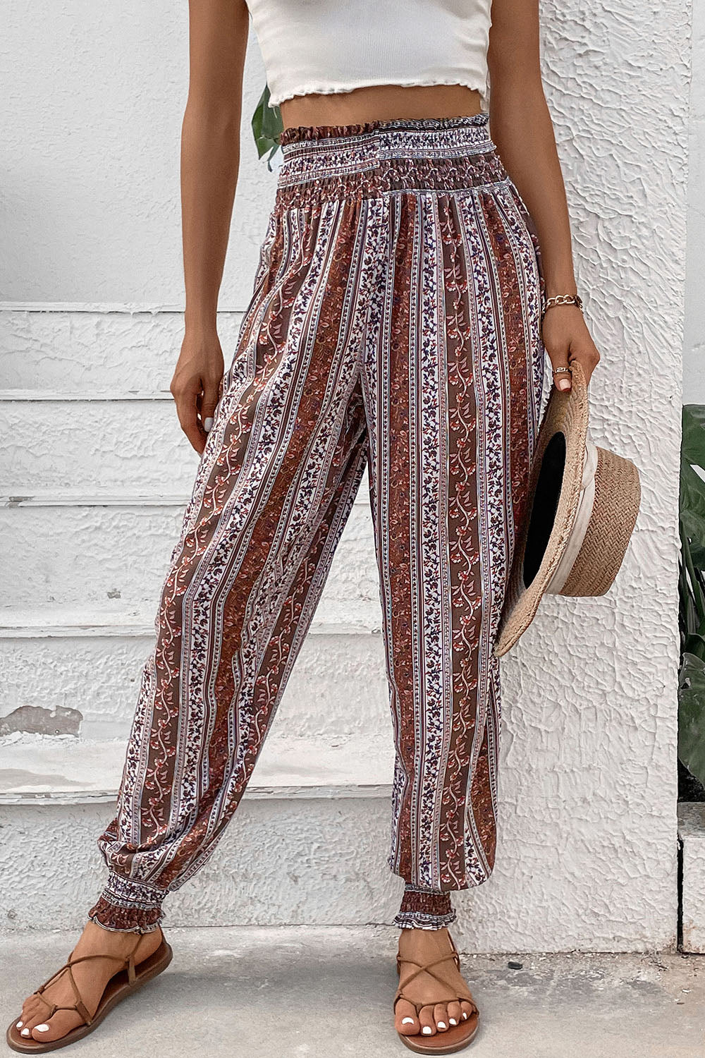 Smocked Printed High Waist Pants - Aurelia Clothing