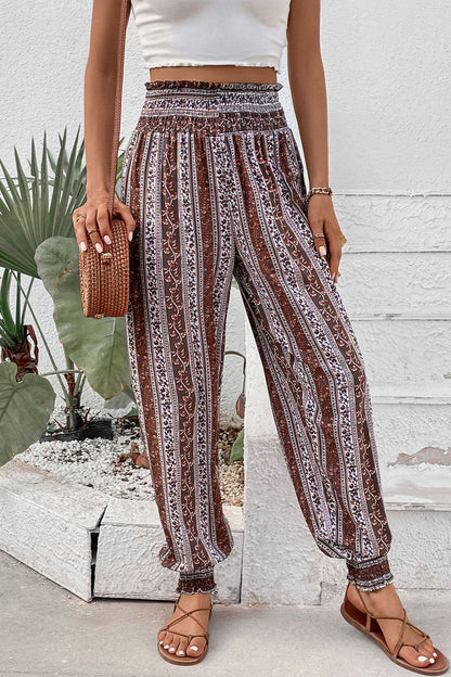 Smocked Printed High Waist Pants - Aurelia Clothing