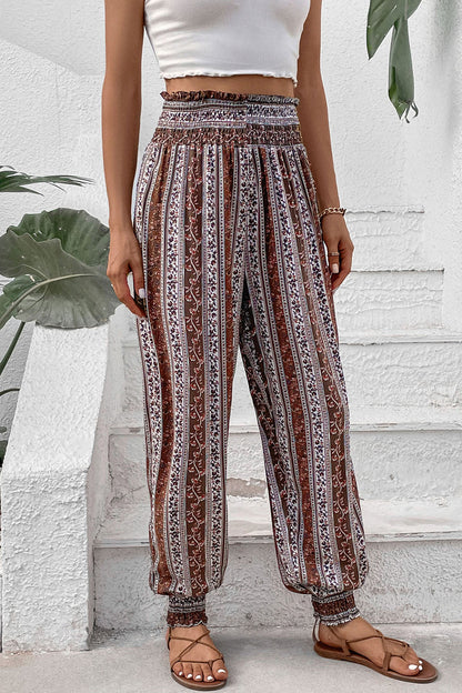 Smocked Printed High Waist Pants - Aurelia Clothing