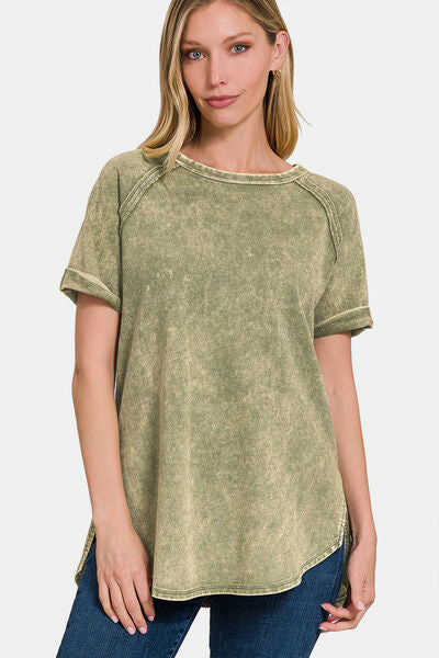 Zenana Heathered Round Neck Short Sleeve Blouse - Aurelia Clothing