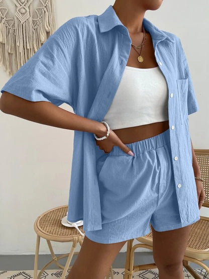 Button Up Short Sleeve Shirt and Shorts Set - Aurelia Clothing